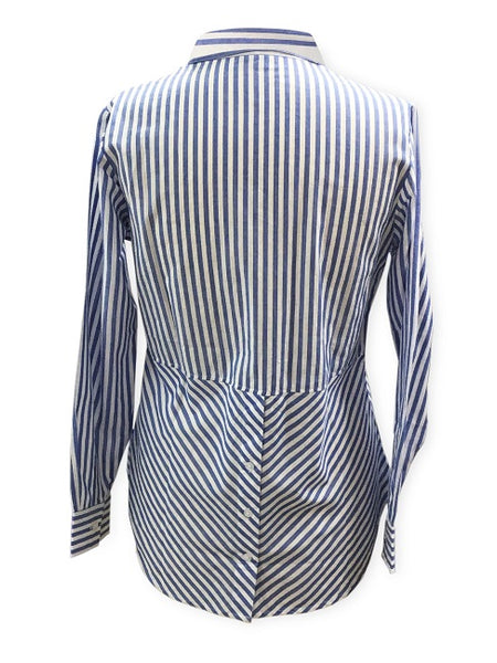 Ladies Long Sleeve, Cotton, Blue and White stripe, 3 button back shirt. Style# 4306