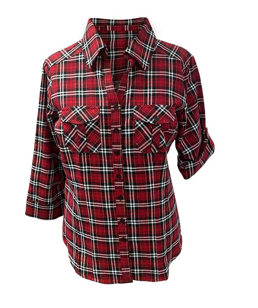 Ladies 3/4 sleeve cotton button front shirt with a hint of lurex. Red/black and Green/black style 54659