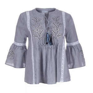 Ladies light weight, Pinstripe Embroidered Lace Peasant top. Style#6037/262-navy/white