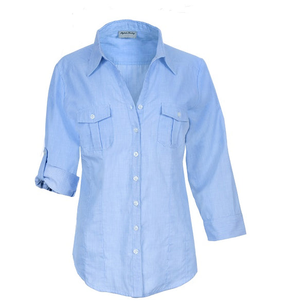 Ladies Roll up sleeve, Cotton, light weight, Chambray blue shirt. Style# 6179