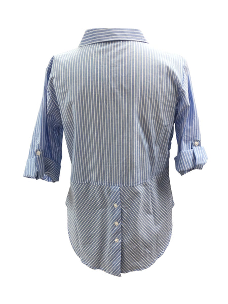 Ladies Roll Tab Sleeve, Cotton chambray blue stripe shirt. Style# 6180