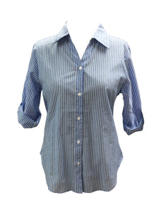 Ladies Roll Tab Sleeve, Cotton chambray blue stripe shirt. Style# 6180