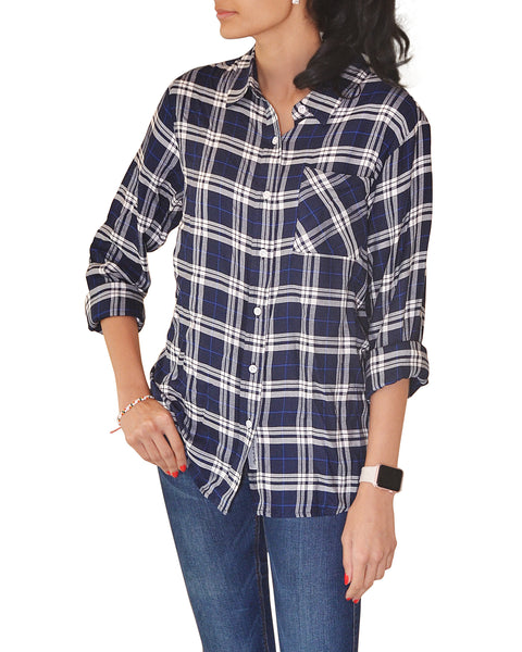 Women's Long sleeves, Rayon, Button Down Plaid Shirt. Navy/Cream Style #8460