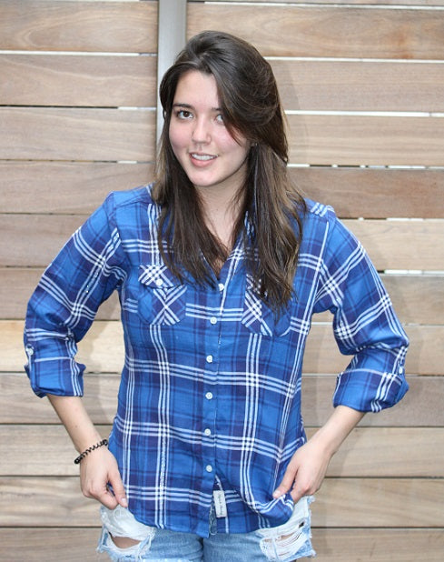 Ladies Long Sleeves, Roll Tab, Flannel Shirt. Blue/White Ladies Long Sleeves, Roll Tab, Flannel Shirt. Blue/White