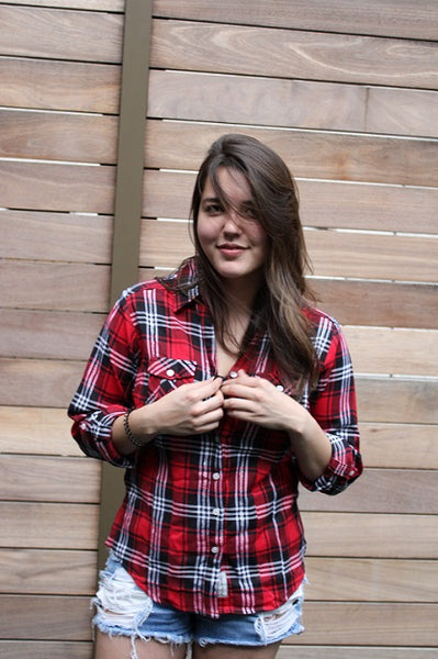 Ladies Long Sleeves, Roll Tab, Light Brushed Flannel Shirt. Red/White Style 52961