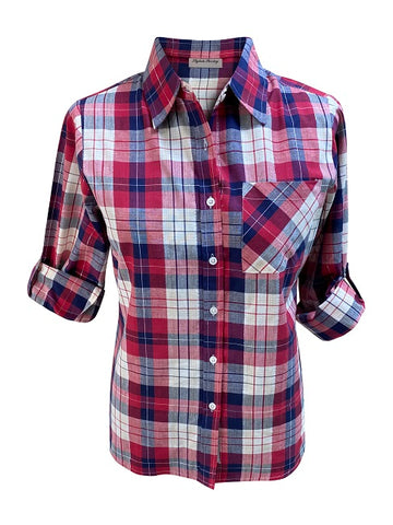 Ladies Light Weight Cotton Plaid Shirt, 3/4 Sleeve Roll Tab. Navy/Red. Style #1851