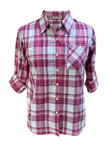 Ladies Light Weight Cotton, 3/4 Sleeve, Roll Tab. Pink/White Plaid. Style# 1847
