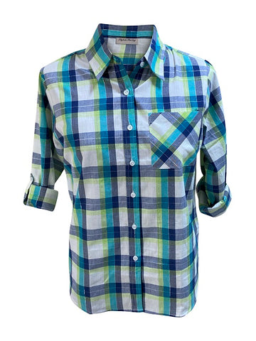 Ladies Light Weight Cotton Plaid Shirt, 3/4 Sleeve With Roll Tab. Navy/White. Style# 1850