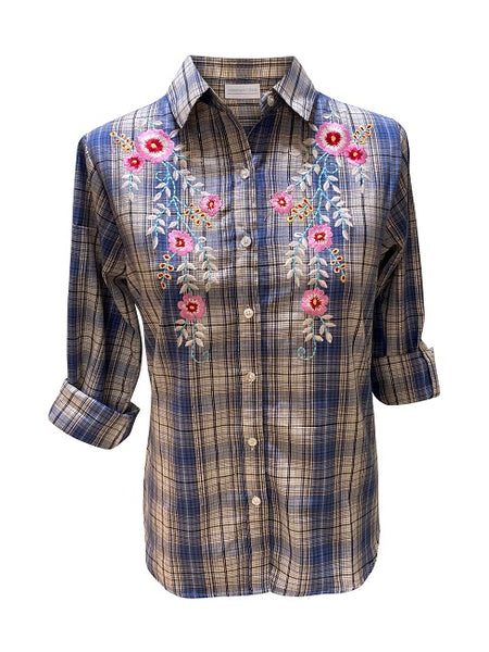 Ladies, Roll Tab Sleeve, Embroidered Blue Plaid, Light Weight Cotton Shirt. Style #1848