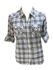 Ladies Light Weight Rayon Plaid Shirt, 3/4 Sleeve With Roll Tab. White/Black. Style #1677