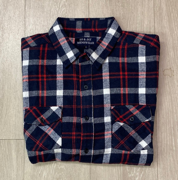 Men's Long Sleeve Brushed Flannel Shirt. Navy/Red Style 2149