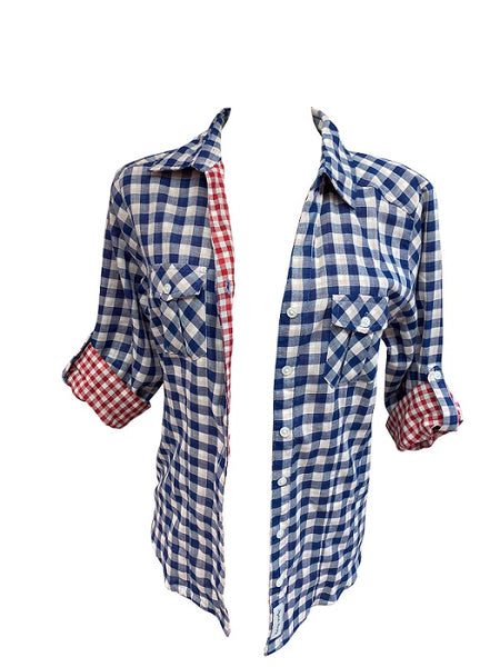 Ladies Roll Tab Sleeve, Double Faced Plaid, Button Down Shirt. Navy/Red Style # 1908