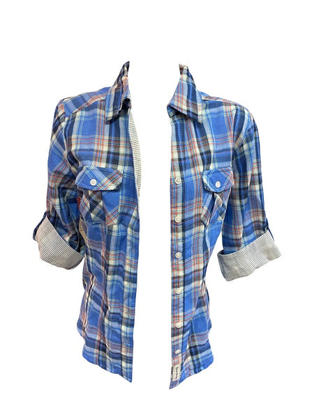 Ladies Roll Tab Sleeve, Double Faced ,  Button Down Plaid Shirt. Blue/White. Style 1910