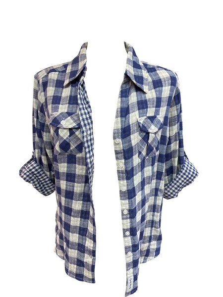 Ladies Roll Tab Sleeve, Double faced Plaid Button Down Shirt. Navy/Cream. Style 1909