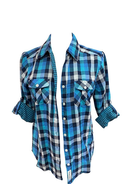 Ladies Roll Tab Sleeve, Double Faced, Cotton, Plaid Button-Down Shirt. Blue/Navy. Style #1907