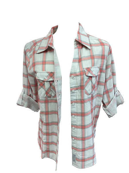 Ladies, 3/4 Roll Tab Sleeve, Button Down, Double Faced Plaid Shirt. Coral/White Style# 1852