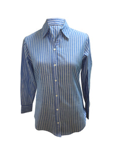Ladies, Light Weight, Long sleeve, button back dark chambray blue/white stripe shirt. Style# 2030