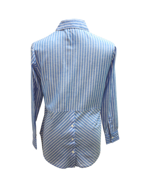 Ladies, Light Weight, Long sleeve, button back dark chambray blue/white stripe shirt. Style# 2030