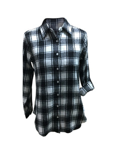 Ladies Long Sleeve Roll Tab Brushed Flannel Shirt. Black/ White plaid. Style# 9347
