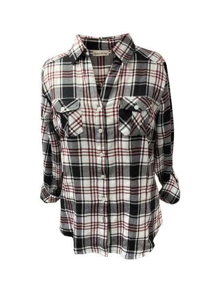 Ladies Long Sleeves, Roll Tab, Light Brushed Flannel Shirt. Black/White Style 52961