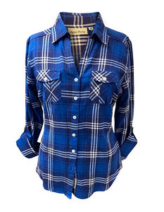 Ladies Long Sleeves, Roll Tab, Flannel Shirt. Blue/White Style 52961