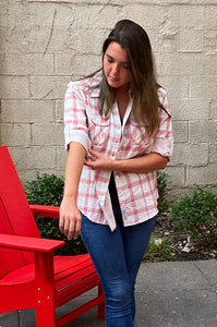 Ladies, 3/4 Roll Tab Sleeve, Button Down, Double Faced Plaid Shirt. Coral/White Style# 1852