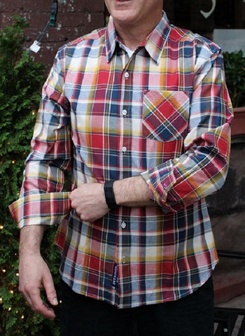Long Sleeve Men's Indian Madras Check shirt in cotton. Navy/Red Style 3030