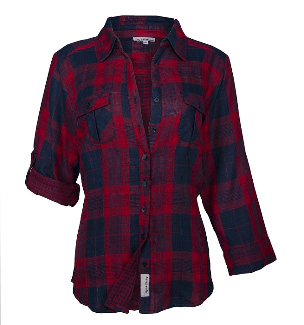 Ladies Roll Up Sleeve, Double Faced Plaid Button Down, Cotton Shirt. Red/Navy. Style# 8469