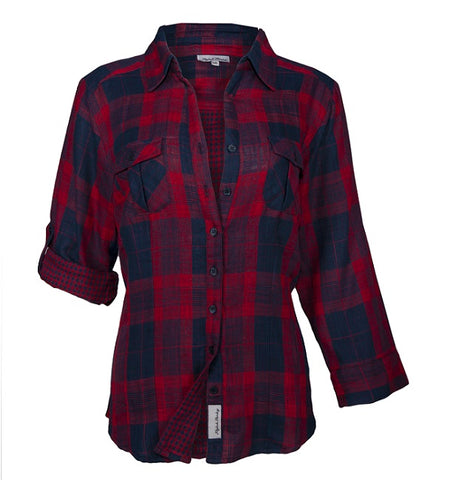 Ladies Roll Up Sleeve, Double Faced Plaid Button Down, Cotton Shirt. Red/Navy. Style# 8469