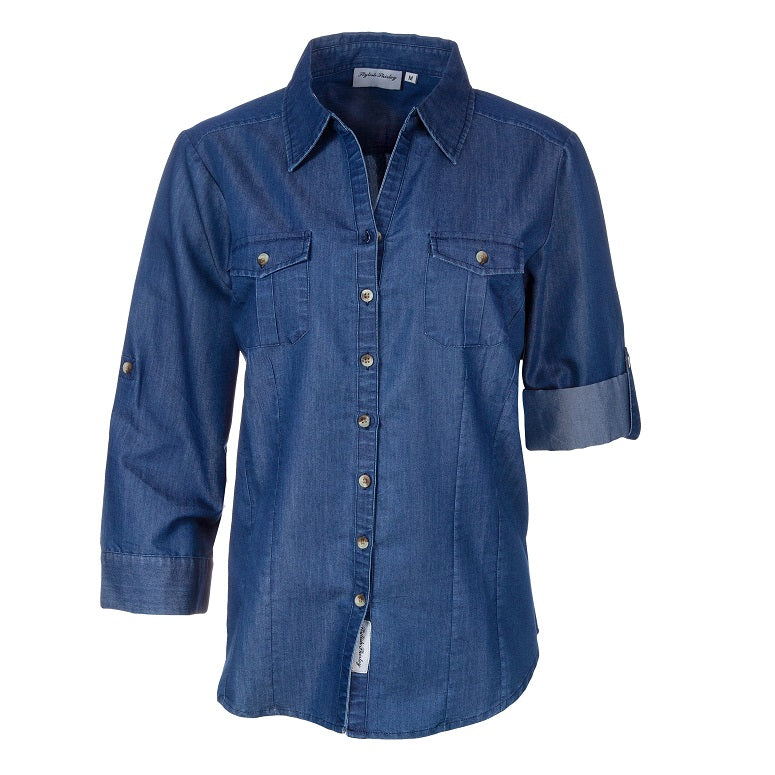 Ladies Denim Shirt, Roll Up Sleeve, Button Front, Cotton/Poly Blend. M / Denim - Stylish Shirley