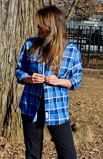 Ladies Long Sleeve, Cotton Twill Plaid, Roll Tab Sleeve Shirt. Blue/Navy. Style 3089