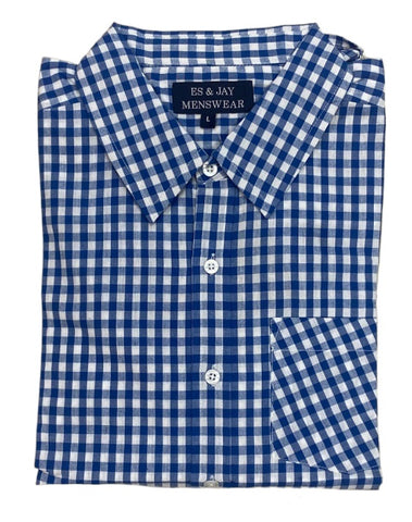 Men's long sleeve gingham check, button down royal blue/white shirt. Style 3530