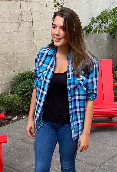 Ladies Roll Tab Sleeve, Double Faced, Cotton, Plaid Button-Down Shirt. Blue/Navy. Style #1907