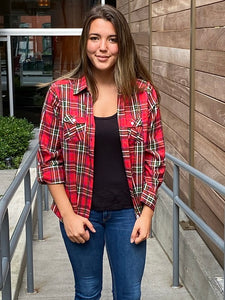 Ladies Roll Tab Sleeves, Light Brushed Flannel Shirt. Red/Green Style 2265