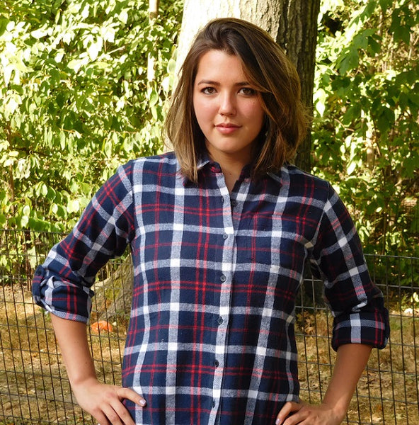 Ladies Long Sleeve, Roll Tab, Brushed Flannel Shirt. Navy plaid. Style# 9341