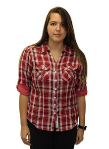 Ladies 100% cotton, light weight ,double faced, roll tab sleeve, plaid button down shirt. Red/White style 3297