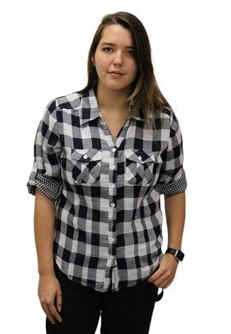 Ladies 100% cotton, light weight, double faced, roll tab sleeve, plaid button down shirt. Black/white style 3300