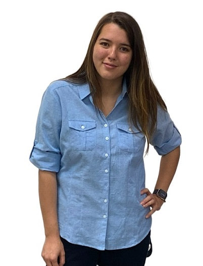 Ladies 100% cotton 3/4 roll on sleeve chambray shirts. Pink, Green, Light  Blue, Dark blue. Style 197