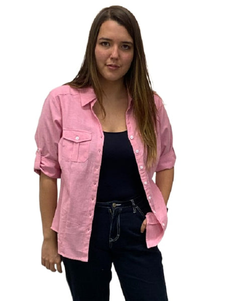 Ladies 100% cotton 3/4 roll on sleeve chambray shirts. Pink, Green, Light  Blue, Dark blue. Style 197