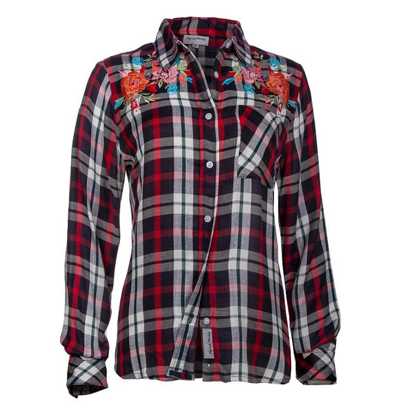 Women's Rayon, Long Sleeves, Button Down Shirt with Floral Embroidery. Navy/Red. Style# 8466