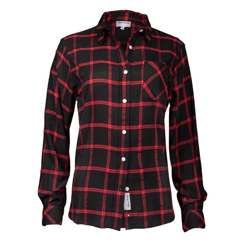 Women's Long Sleeve, Rayon, Button Down Plaid Shirt. Black/Red. Style# 8253