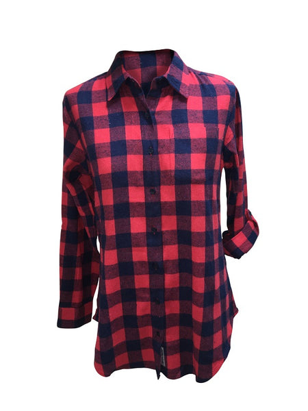 Ladies Long Sleeve, Roll Tab, Brushed Flannel Shirt. Red/ Navy plaid. Style #9303