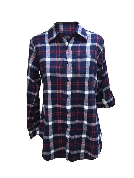Ladies Long Sleeve, Roll Tab, Brushed Flannel Shirt. Navy plaid. Style# 9341