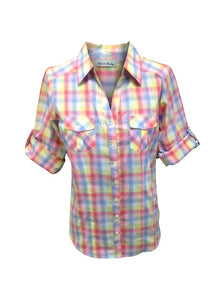 Ladies Light Weight Cotton Plaid, 3/4 Sleeve Roll Tab Shirt. Multi/Bright. Style# 5075