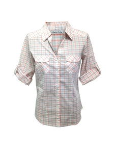 Ladies Light Weight Cotton Plaid Shirt, 3/4 Sleeve With Roll Tab.  Sage/Peach. Style# 5072