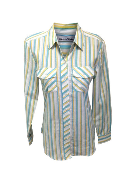 Ladies Long Sleeve, Light Weight, Cotton Stripe Shirt. Blue/White. Style# 150302A