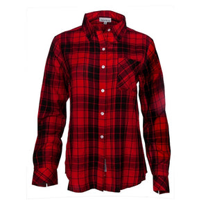 Women's Long Sleeve, Button Down, Rayon Plaid Shirt. Red/Black. Style# 8463