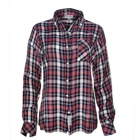 Women's Long Sleeve Rayon Plaid Shirt. Coral/Cream. Style# 8465